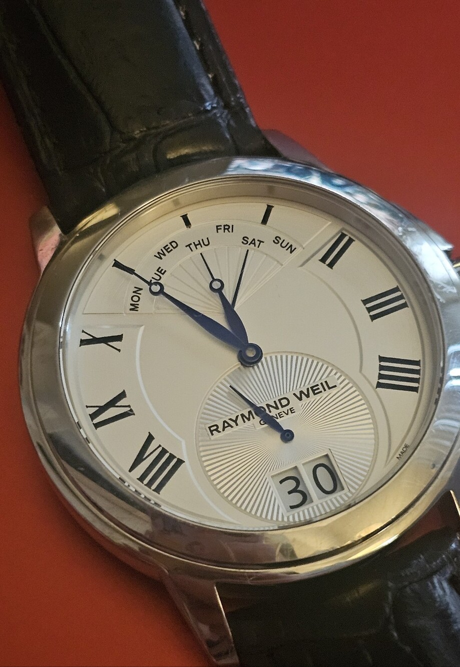 Raymond Weil Silver Dial Watch with Black Leather Strap - Picture 1 of 16